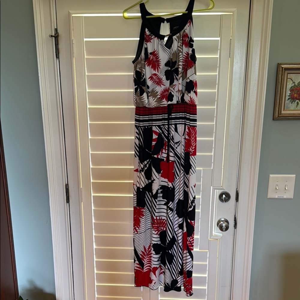 Navy, Red, Tan and White Tropical Floral Maxi Dress